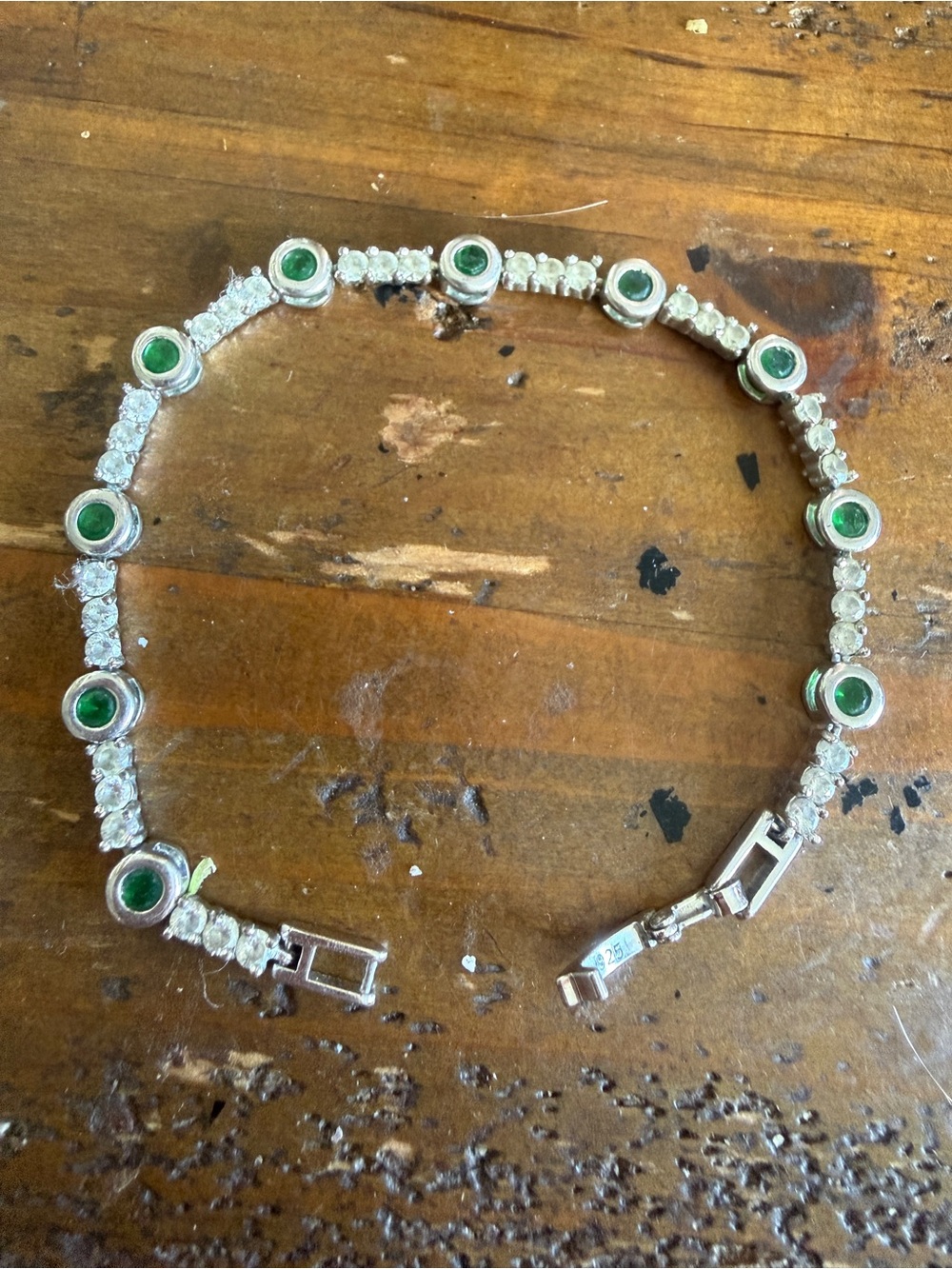 7” 925 Sterling Silver & Simulated Emerald & Diamond Tennis Bracelet 6.52 G